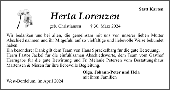 Traueranzeige von Herta Lorenzen von Husumer Nachrichten, Nordfriesland Tageblatt