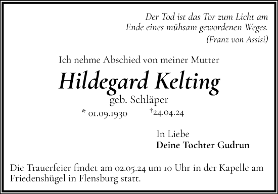 Traueranzeige von Hildegard Kelting von Region Flensburg