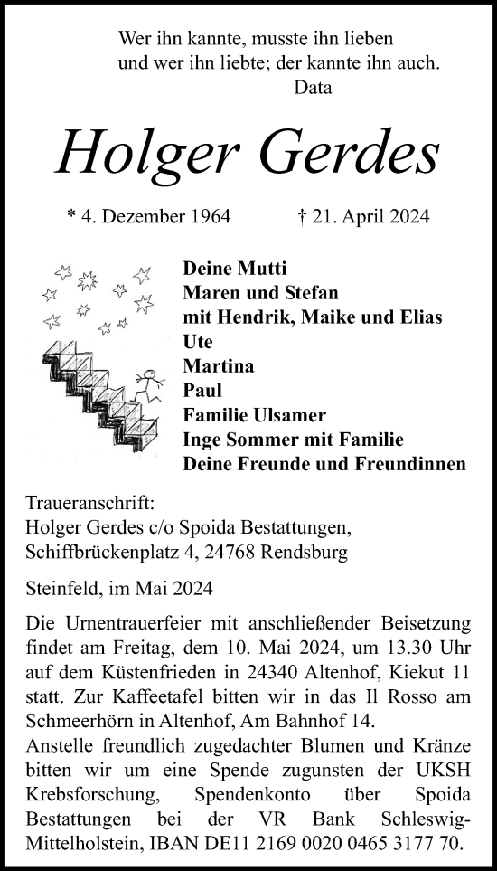 Traueranzeige von Holger Gerdes von Schleswiger Nachrichten, Schlei-Bote