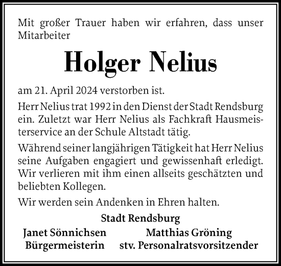 Traueranzeige von Holger Nelius von Schleswig-Holsteinische Landeszeitung