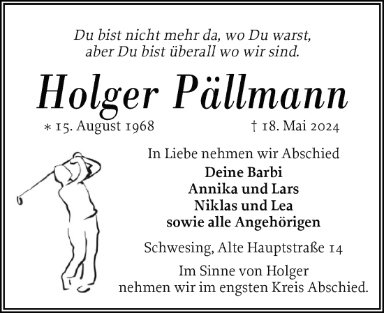 Traueranzeige von Holger Pällmann von Husumer Nachrichten, Nordfriesland Tageblatt