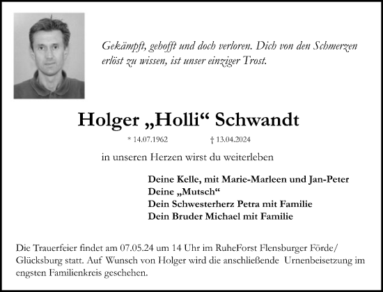 Traueranzeige von Holger Schwandt von Flensburger Tageblatt