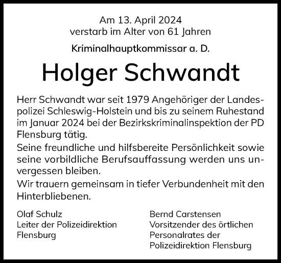 Traueranzeige von Holger Schwandt von Flensburger Tageblatt
