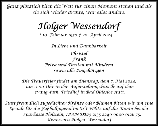 Traueranzeige von Holger Wessendorf von Stormaner Tageblatt