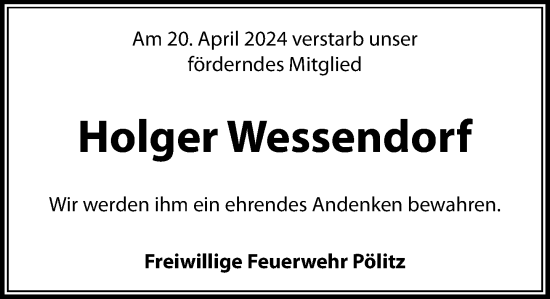 Traueranzeige von Holger Wessendorf von Stormaner Tageblatt