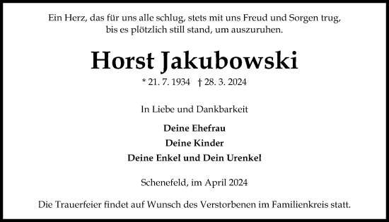 Traueranzeige von Horst Jakubowski von Norddeutsche Rundschau, Wilstersche Zeitung, Glückstädter Fortuna
