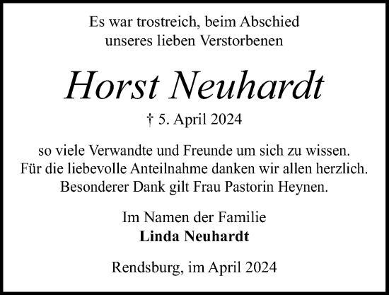 Traueranzeige von Horst Neuhardt von Schleswig-Holsteinische Landeszeitung