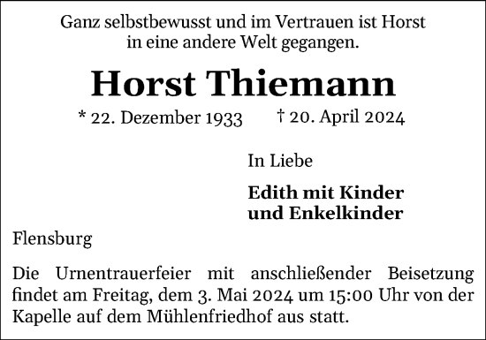Traueranzeige von Horst Thiemann von Flensburger Tageblatt