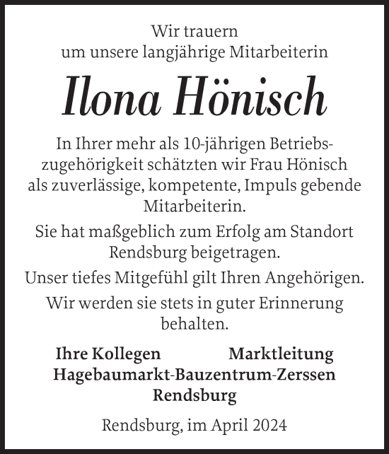 Traueranzeige von Ilona Hönisch von Schleswig-Holsteinische Landeszeitung