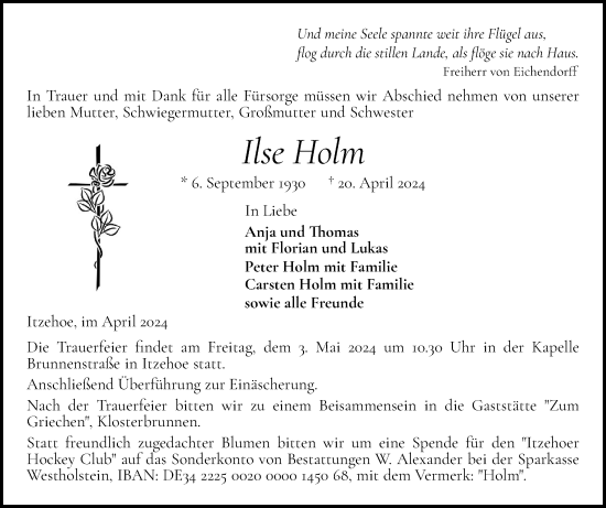 Traueranzeige von Ilse Holm von Norddeutsche Rundschau, Wilstersche Zeitung, Glückstädter Fortuna