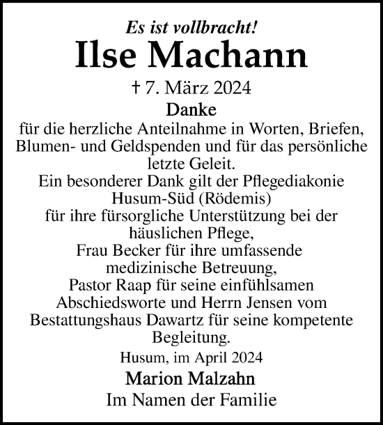 Traueranzeige von Ilse Machann von Husumer Nachrichten, Nordfriesland Tageblatt