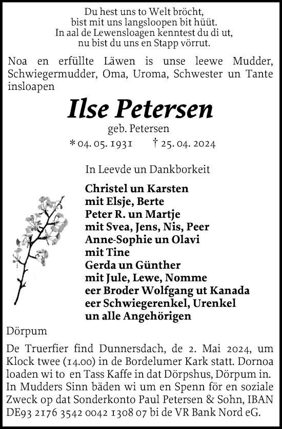 Traueranzeige von Ilse Petersen von Husumer Nachrichten, Nordfriesland Tageblatt