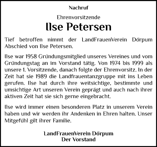 Traueranzeige von Ilse Petersen von Husumer Nachrichten, Nordfriesland Tageblatt