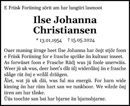 Traueranzeige von Ilse Johanna Christiansen von Region Westküste