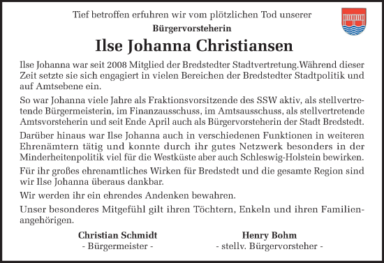 Traueranzeige von Ilse Johanna Christiansen von Region Westküste