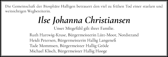Traueranzeige von Ilse Johanna Christiansen von Region Westküste