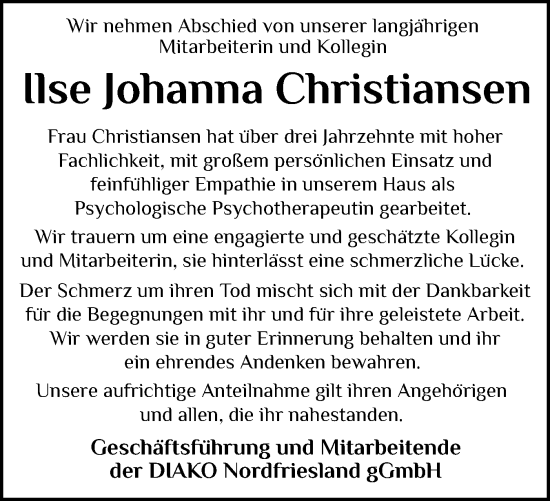 Traueranzeige von Ilse Johanna Christiansen von Husumer Nachrichten, Nordfriesland Tageblatt