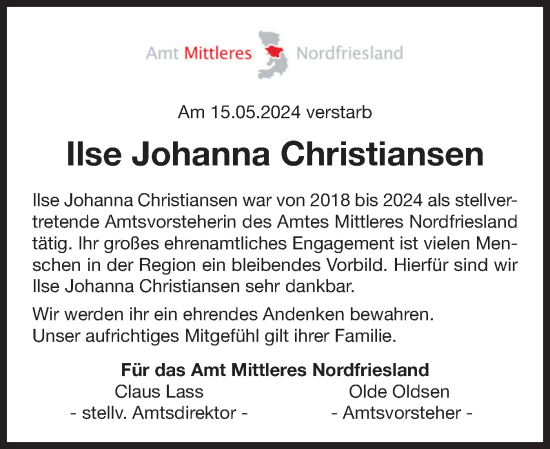 Traueranzeige von Ilse Johanna Christiansen von Region Westküste