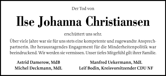 Traueranzeige von Ilse Johanna Christiansen von Husumer Nachrichten, Nordfriesland Tageblatt