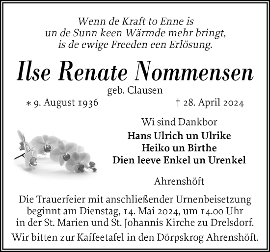 Traueranzeige von Ilse Renate Nommensen von Husumer Nachrichten, Nordfriesland Tageblatt