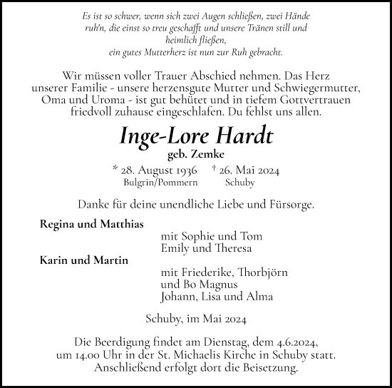 Traueranzeige von Inge-Lore Hardt von Schleswiger Nachrichten, Schlei-Bote