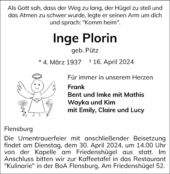 Traueranzeige von Inge Plorin von Flensburger Tageblatt