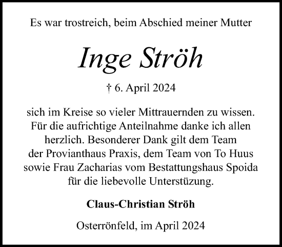Traueranzeige von Inge Ströh von Schleswig-Holsteinische Landeszeitung