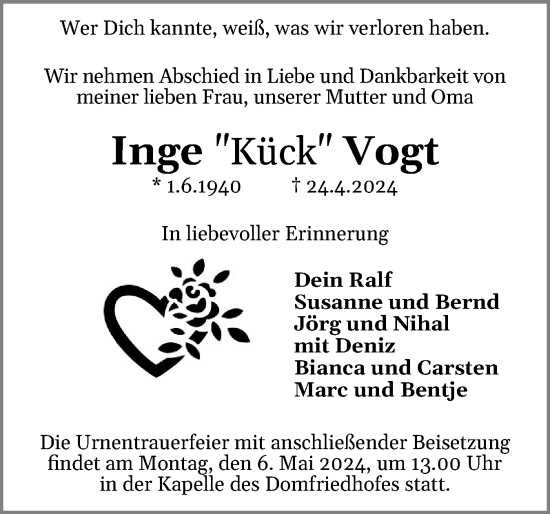Traueranzeige von Inge Vogt von Schleswiger Nachrichten, Schlei-Bote