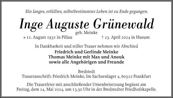 Traueranzeige von Inge Auguste Grünewald von Husumer Nachrichten, Nordfriesland Tageblatt