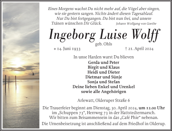 Traueranzeige von Ingeborg Luise Wolff von Husumer Nachrichten, Nordfriesland Tageblatt