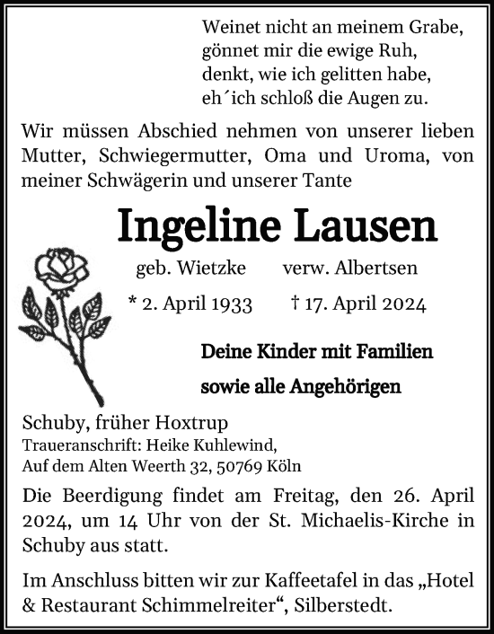 Traueranzeige von Ingeline Lausen von Region Flensburg