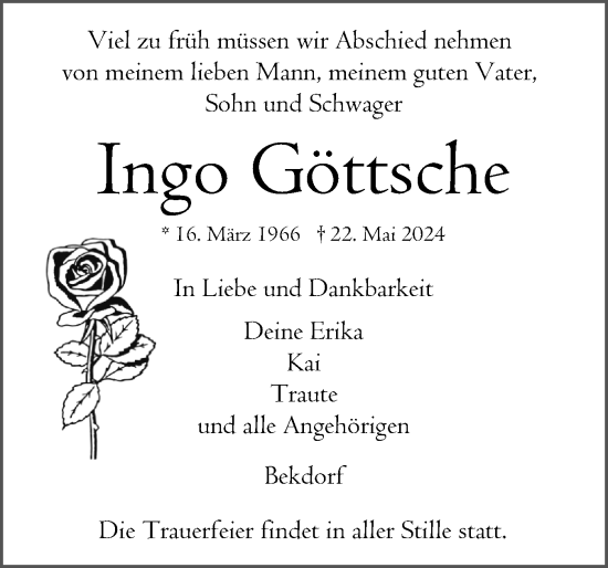 Traueranzeige von Ingo Göttsche von Norddeutsche Rundschau, Wilstersche Zeitung, Glückstädter Fortuna