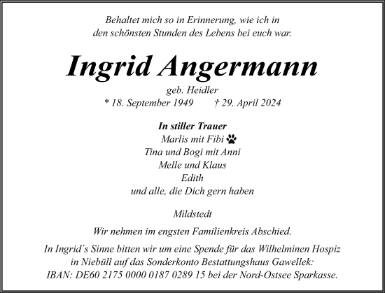 Traueranzeige von Ingrid Angermann von Husumer Nachrichten, Nordfriesland Tageblatt