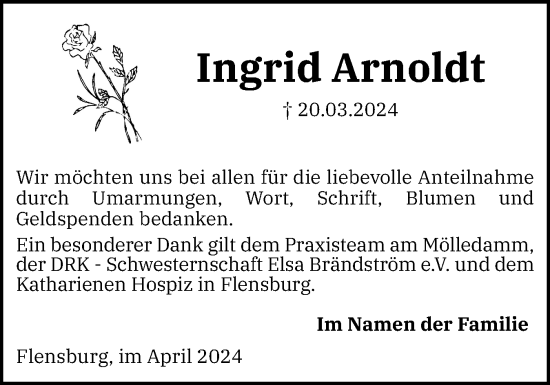 Traueranzeige von Ingrid Arnoldt von Flensburger Tageblatt