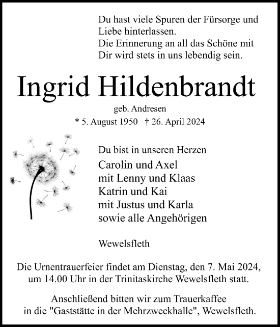 Traueranzeige von Ingrid Hildenbrandt von Norddeutsche Rundschau, Wilstersche Zeitung, Glückstädter Fortuna
