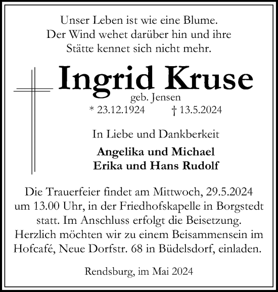 Traueranzeige von Ingrid Kruse von Schleswig-Holsteinische Landeszeitung