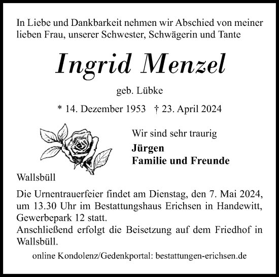 Traueranzeige von Ingrid Menzel von Flensburger Tageblatt