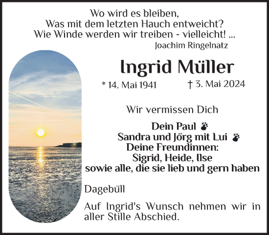 Traueranzeige von Ingrid Müller von Husumer Nachrichten, Nordfriesland Tageblatt