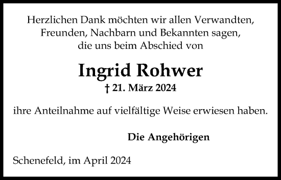 Traueranzeige von Ingrid Rohwer von Norddeutsche Rundschau, Wilstersche Zeitung, Glückstädter Fortuna