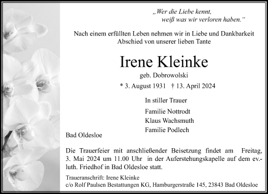 Traueranzeige von Irene Kleinke von Stormaner Tageblatt