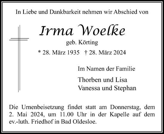 Traueranzeige von Irma Woelke von Stormaner Tageblatt