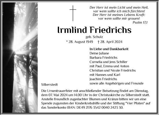 Traueranzeige von Irmlind Friedrichs von Schleswiger Nachrichten, Schlei-Bote