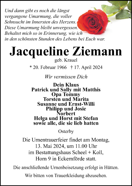 Traueranzeige von Jacqueline Ziemann von Eckernförder Zeitung, Hallo Eckernförde