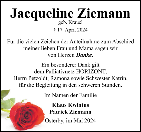 Traueranzeige von Jacqueline Ziemann von Eckernförder Zeitung, Hallo Eckernförde