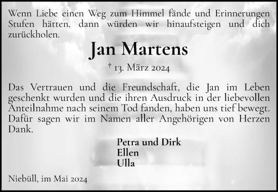 Traueranzeige von Jan Martens von Husumer Nachrichten, Nordfriesland Tageblatt