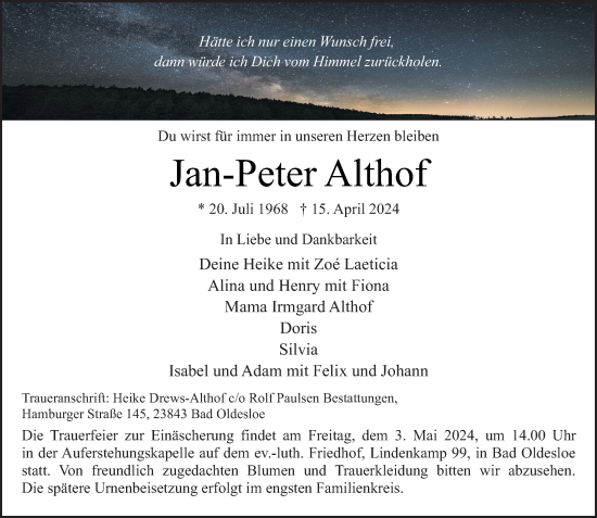 Traueranzeige von Jan-Peter Althof von Stormaner Tageblatt