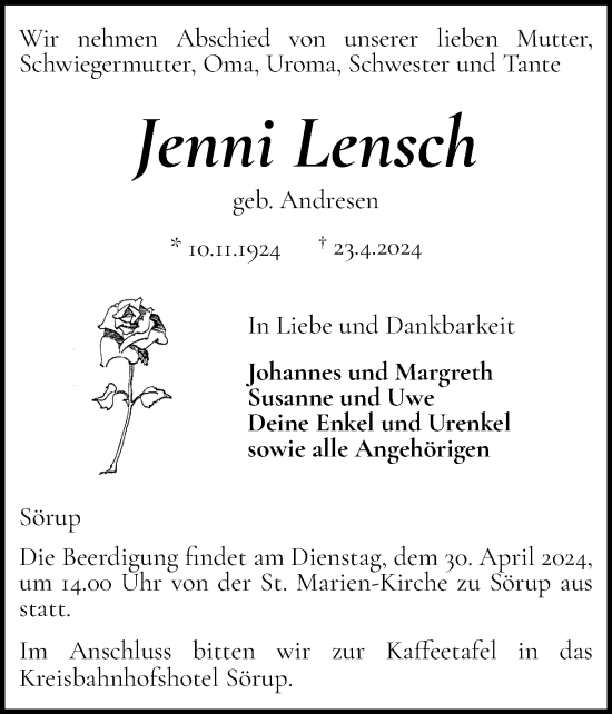 Traueranzeige von Jenni Lensch von Flensburger Tageblatt