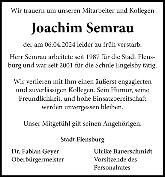 Traueranzeige von Joachim Semrau von Flensburger Tageblatt