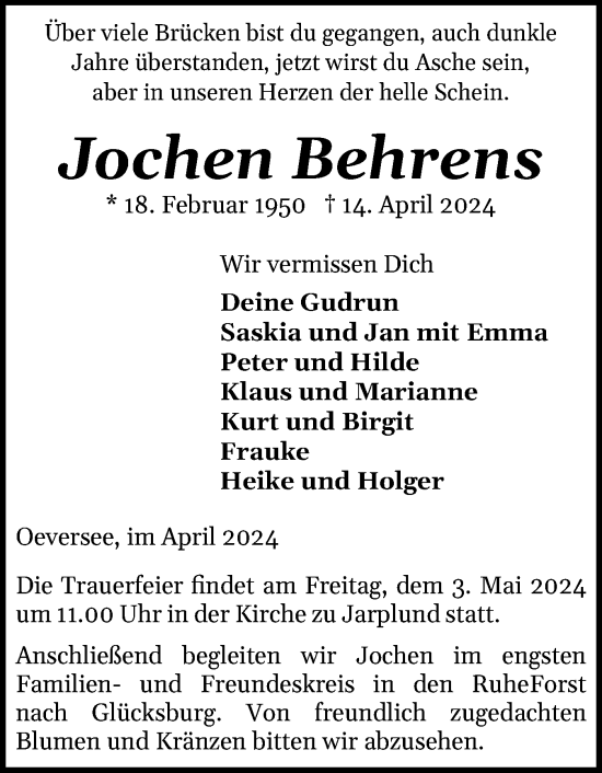 Traueranzeige von Jochen Behrens von Flensburger Tageblatt