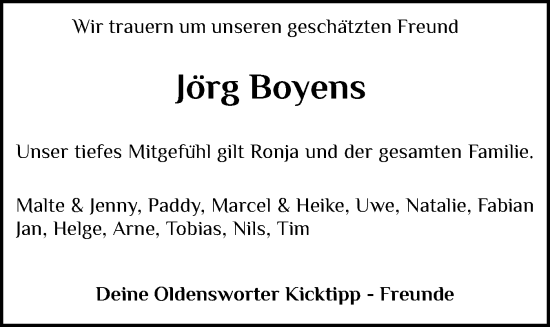 Traueranzeige von Jörg Boyens von Husumer Nachrichten, Nordfriesland Tageblatt